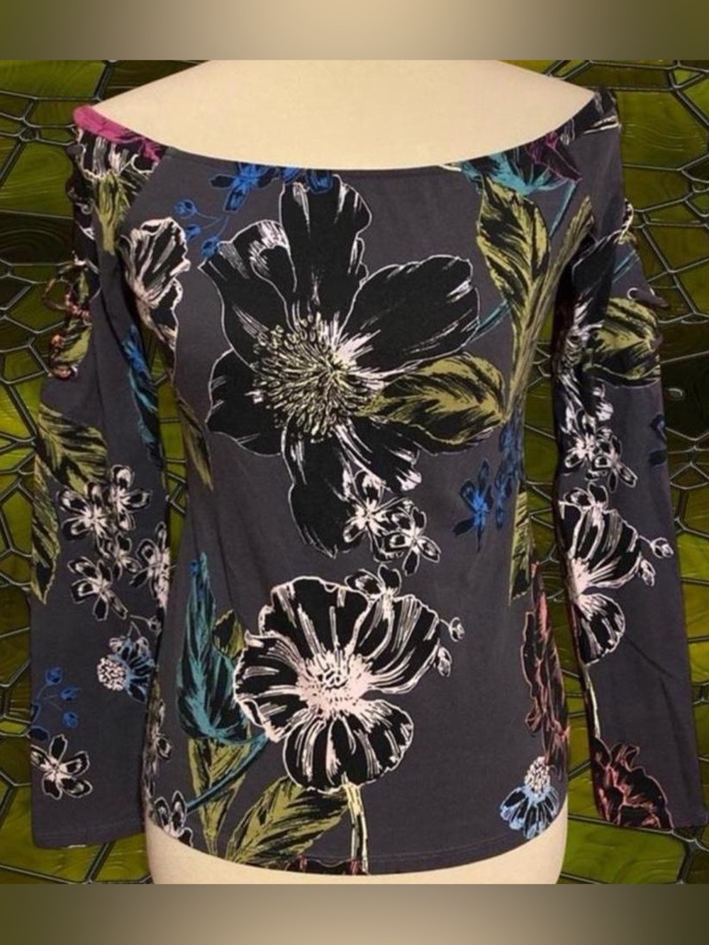 Guess Charcoal Floral Boatneck Top with Multicolor Blooms